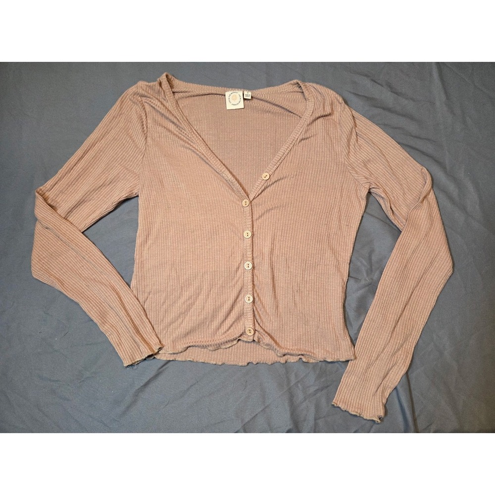 Live In The Moment Cardigan Women Size S Mauve Good Ribbed Lettuce Edge V-Neck